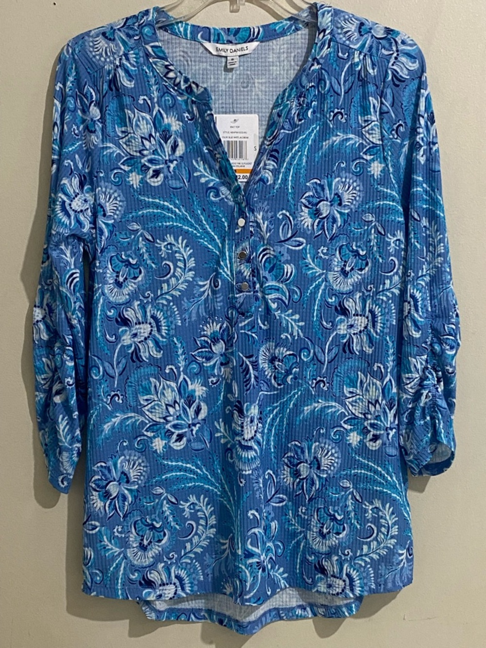 Emily Daniels Blue Floral Henley Tunic 3/4 Ruched Sleeve Size S